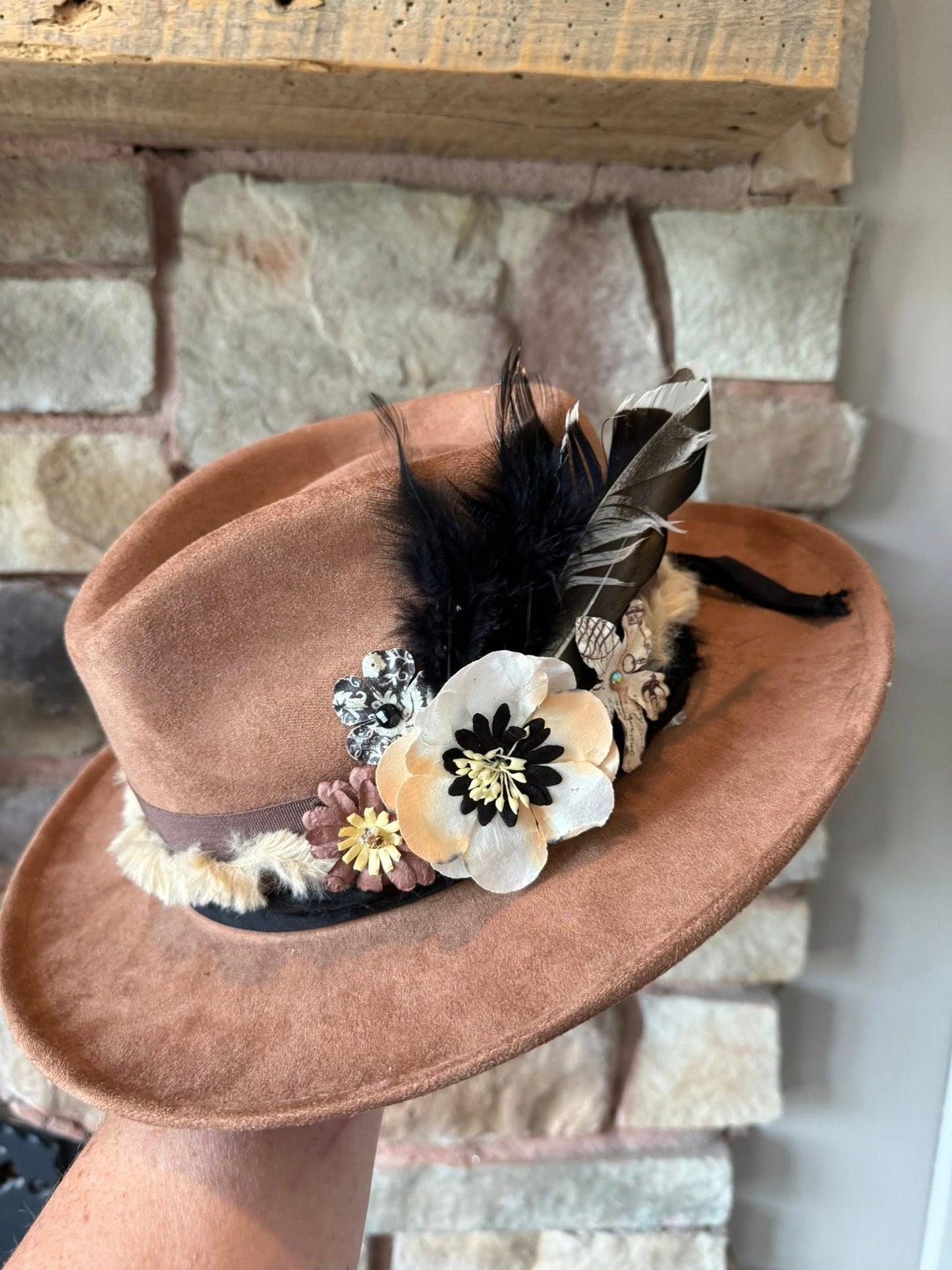 "Winnie" - petite fedora embellished with flowers & feathers