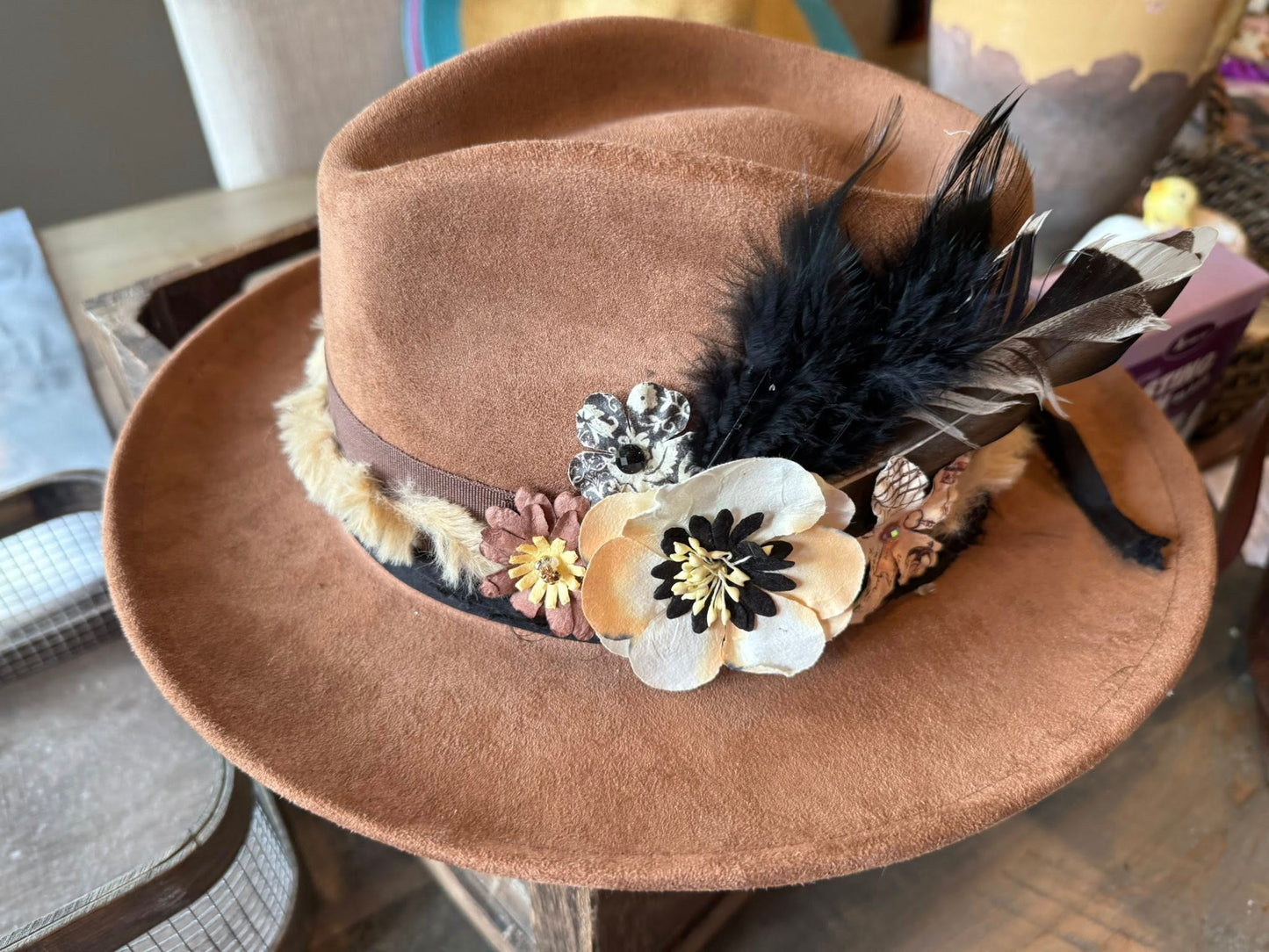 "Winnie" - petite fedora embellished with flowers & feathers