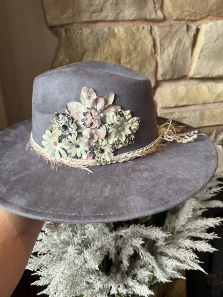 "Gracie" - a lovely grey hat with pastel flowers and bands.