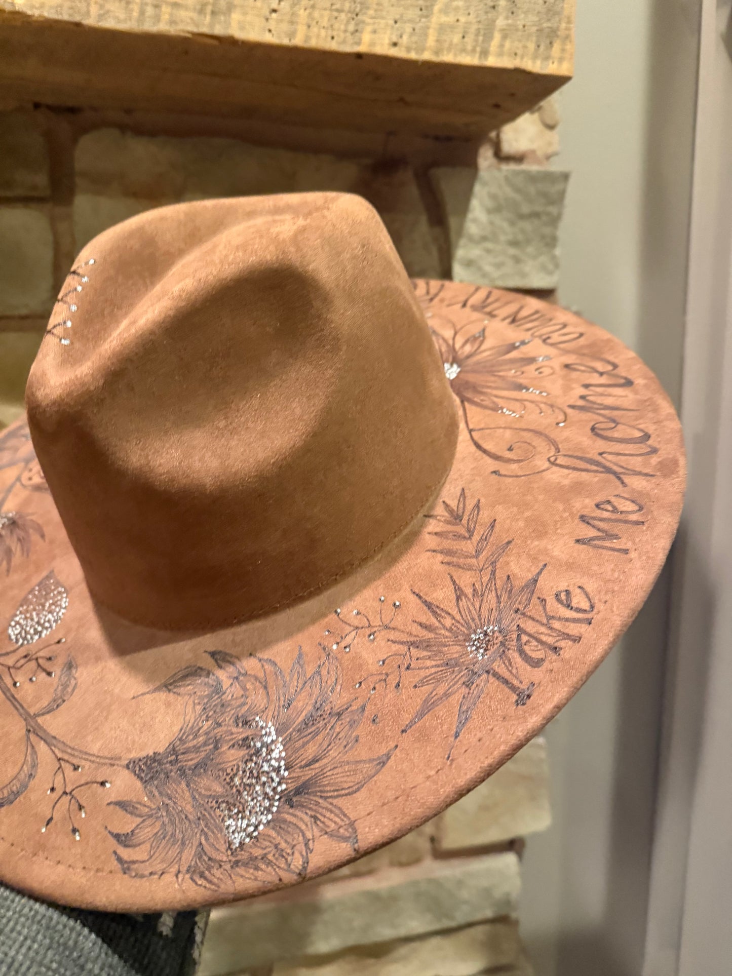 "Oakley" - a gorgeous brown, hand burned hat with flowers.