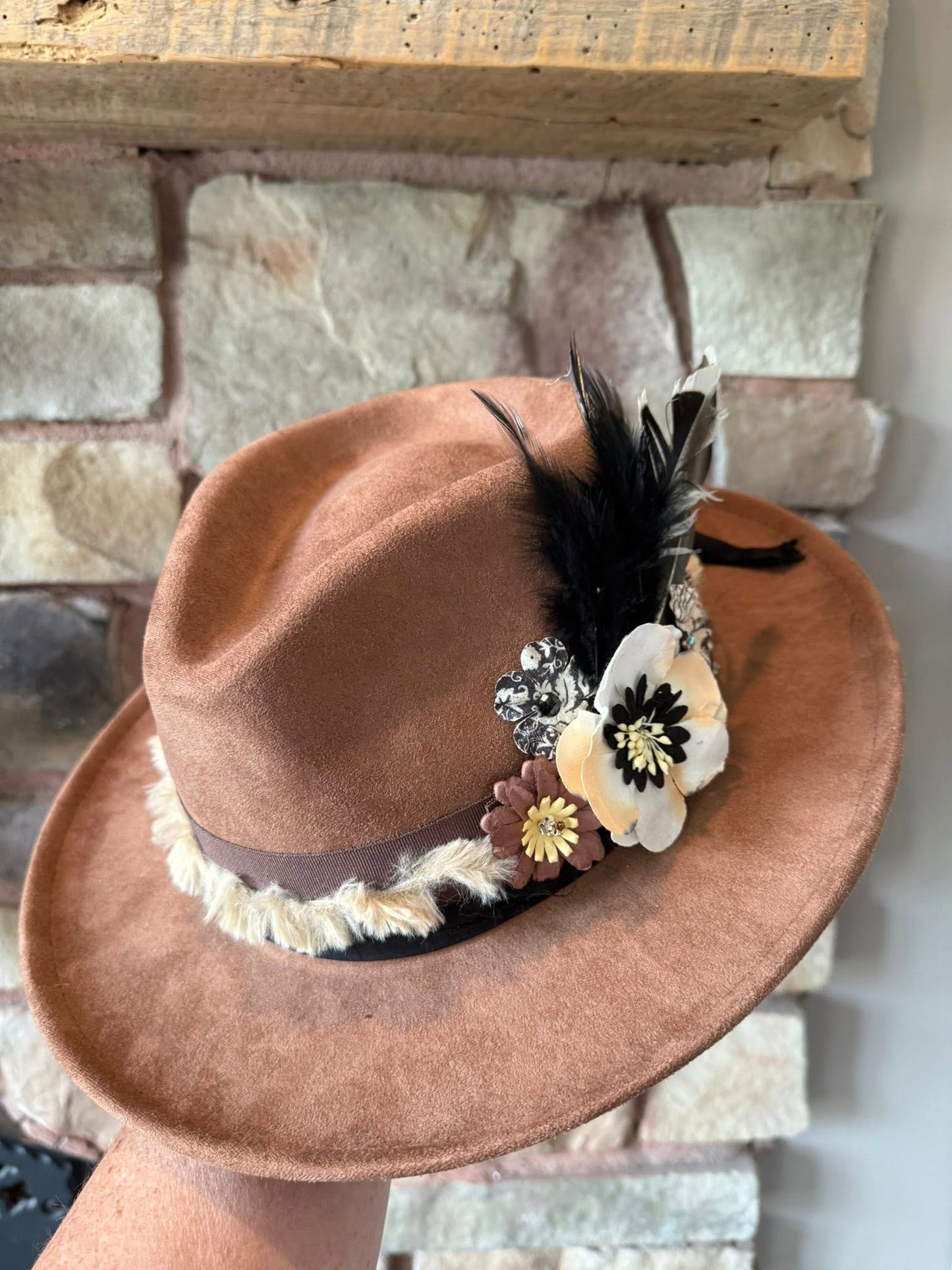 "Winnie" - petite fedora embellished with flowers & feathers