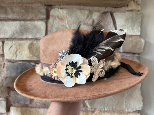 "Winnie" - petite fedora embellished with flowers & feathers