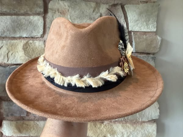 "Winnie" - petite fedora embellished with flowers & feathers