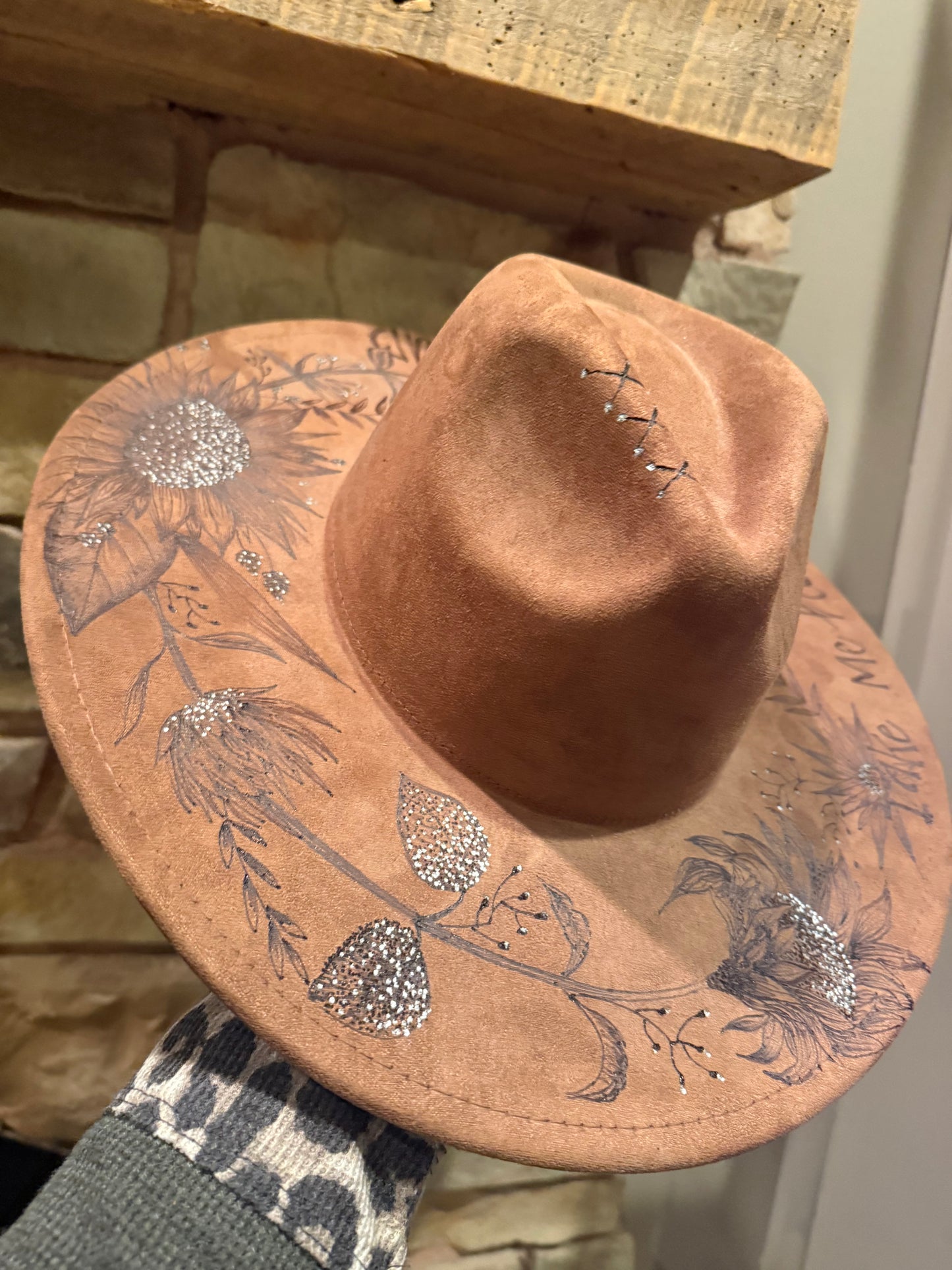 "Oakley" - a gorgeous brown, hand burned hat with flowers.