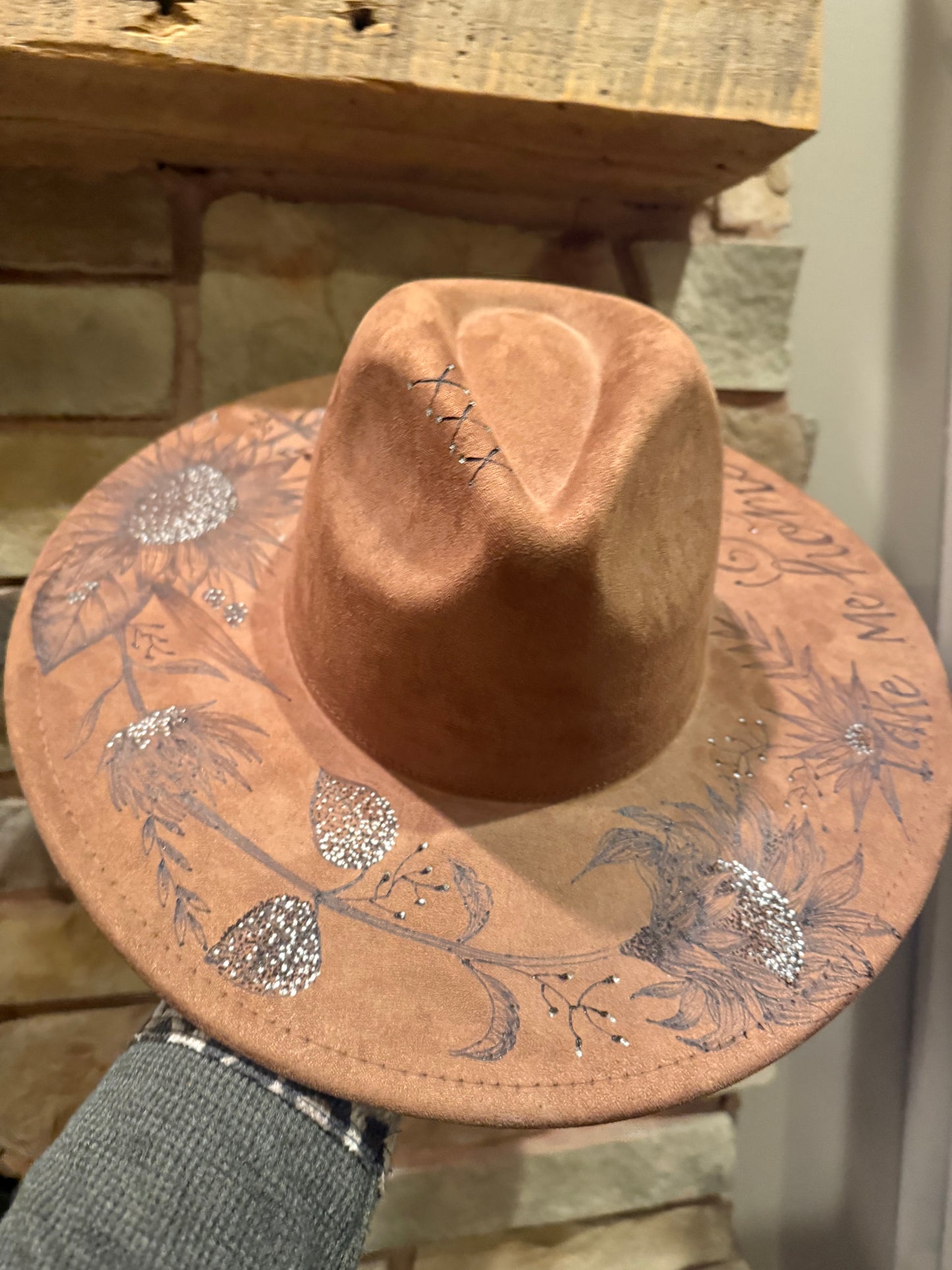 "Oakley" - a gorgeous brown, hand burned hat with flowers.